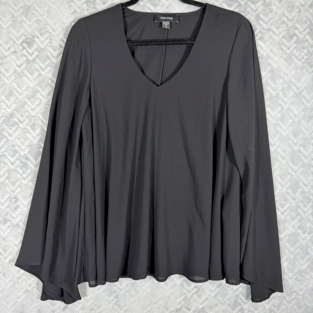 Karen Kane Blouse Top Womens Medium Stretch Black V Neck Flowy Bell Sleeves